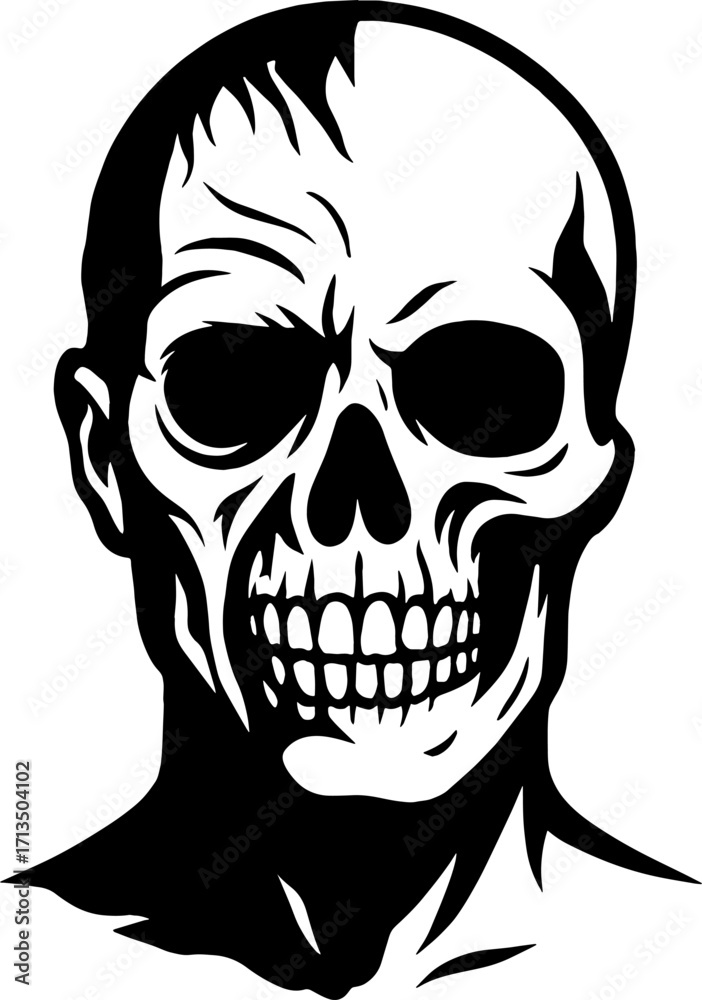 Fototapeta premium Creepy human skull half covered with flesh - horror illustration vector with white background 