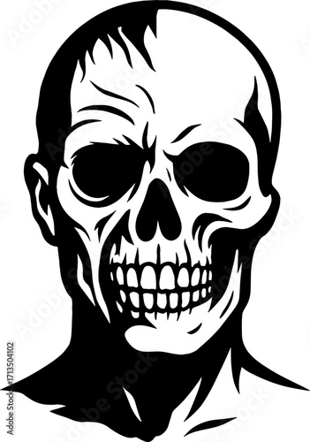 Creepy human skull half covered with flesh - horror illustration vector with white background 