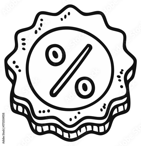 Hand Drawn Percentage Symbol in an Ornamental Badge Indicating Discount and Price Drop