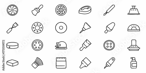 Diverse collection of simple, flat line icons representing everyday objects and tools for creative projects