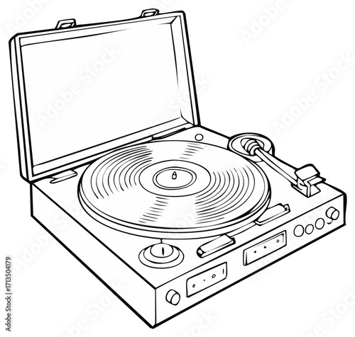 Classic vintage suitcase record player with a vinyl disc line art drawing