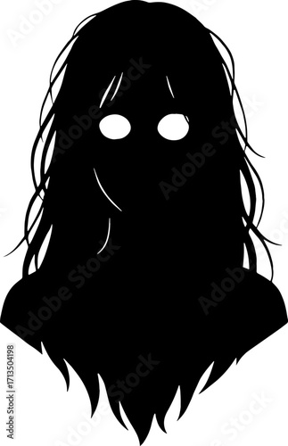 Hollow-eyed silhouette of a woman with long messy hair ? horror ghost logo with white background 