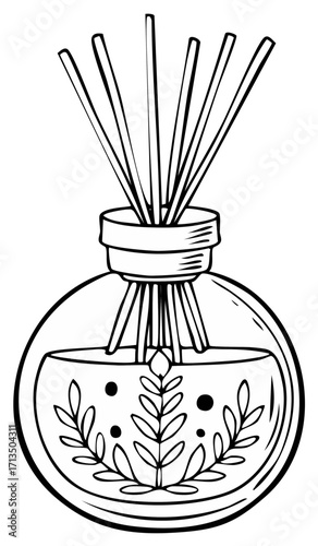 Aesthetic black and white hand-drawn reed diffuser with botanical leaves and aromatic sticks in a glass vessel