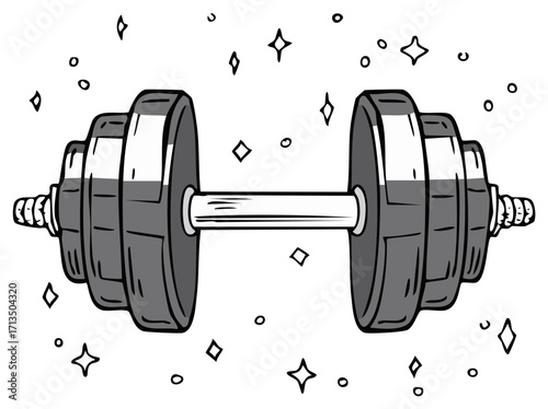 Illustration of a stylized barbell with shiny star details for a fitness concept.