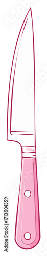 Hand-drawn illustration of a chef's knife with a pink handle and a sharp silver blade, presented vertically against a white backdrop.