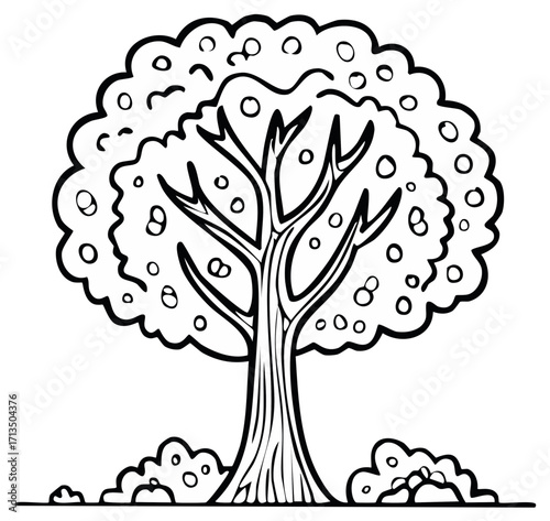 Simple black and white illustration of a stylized tree with rounded foliage and fruit