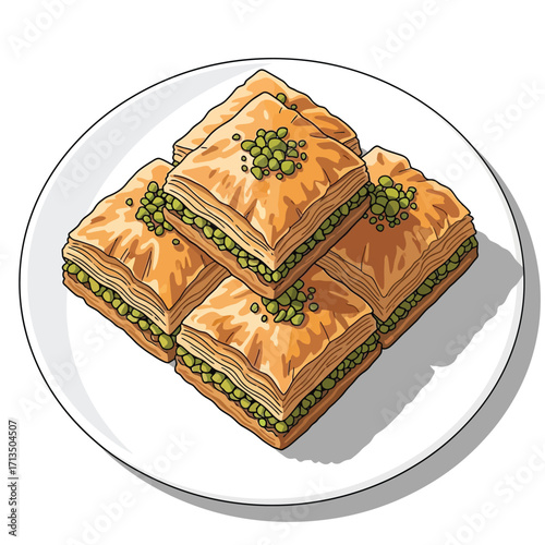 Delicious Baklava Pastries Stacked on a Plate, Garnished with Pistachios