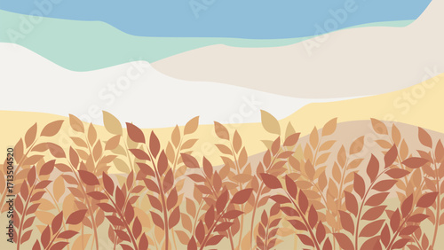 Golden wheat field background with overlapping mountain view, decorated with harvest