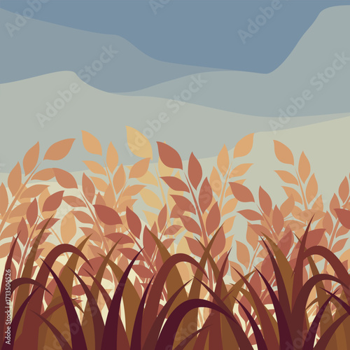 Wheat field equilateral triangle background with overlapping mountain view, decorated with harvest.