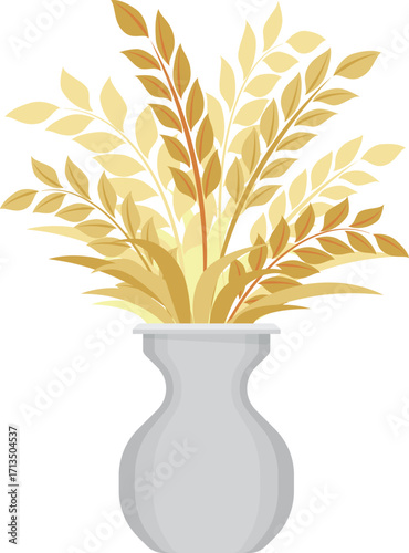 Wheat stalks and decorative leaves in a vase, used for decorative purposes during harvest.