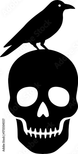 Minimal silhouette of human skull with crow sitting on top -  horror logo vector with white background 