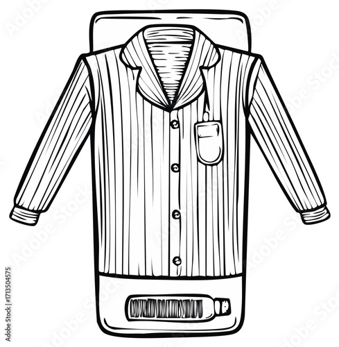 Digital illustration of pajamas with buttons and pocket, outlined, isolated.