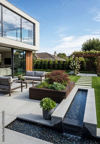 Modern backyard garden with water feature and outdoor seating.