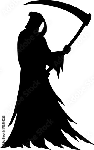 Silhouette of a hooded human with scythe - grim reaper style vector with white background 