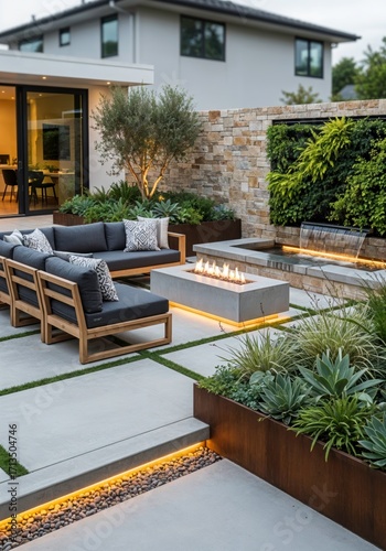 Modern backyard landscape design with comfortable seating, string lights, fireplace.