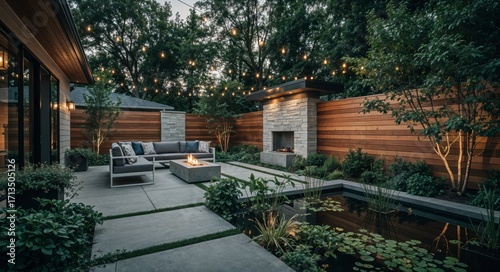 Contemporary backyard design outdoor living, cozy lounge area with fire pit, and modern landscaping with water features.