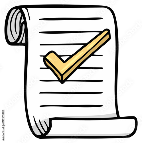 Cartoon document with lines and golden checkmark icon symbolizing approval, completion, and task success.