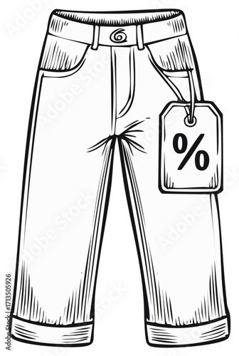 Hand drawn illustration of jeans with a percentage discount tag for a clothing sale