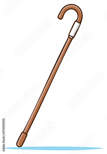 Simple Brown Walking Cane with a Curved Handle for Support Illustration