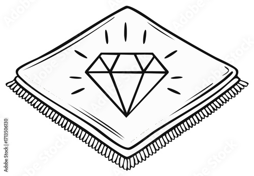 Elegant sparkling diamond jewel resting on a soft plush pillow with decorative fringe black and white line art illustration