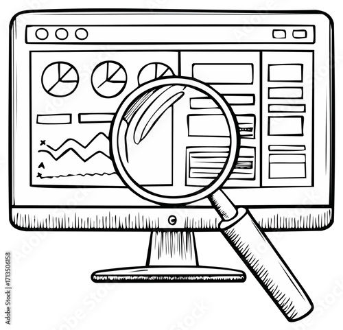 Computer screen display with charts and a magnifying glass examining data