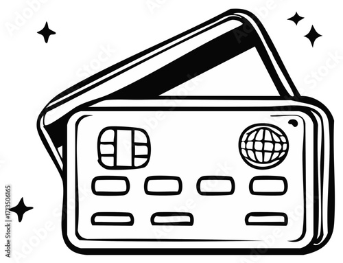 Hand Drawn Credit Cards Illustration Featuring EMV Chip Globe Design for Secure Transactions, Digital Payment Concepts