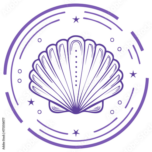 Beautiful purple scallop seashell outline vector illustration with celestial stars and bubbles