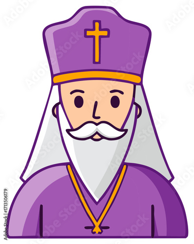 Cartoon illustration of a man wearing a religious costume and a hat with a cross