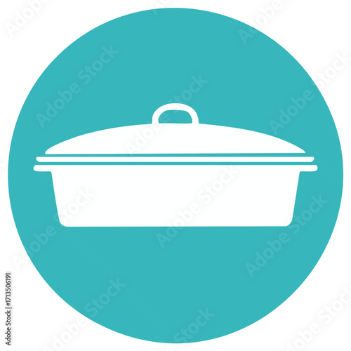 Casserole dish with lid icon. Enamel cookware, baking pan, ceramic roaster white silhouette in blue circle.