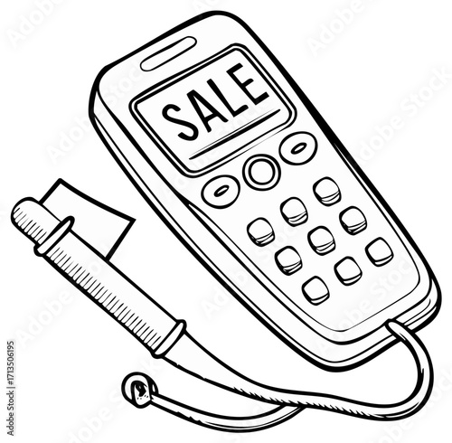 Vintage mobile phone with 'SALE' on screen and attached accessories