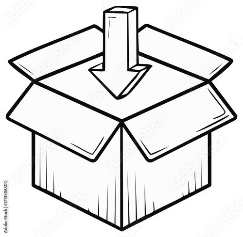 Delivery concept open cardboard box with down arrow symbol line art illustration download upload