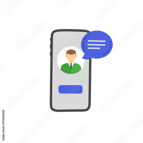 smartphone screen with a contact avatar and chat bubble, symbolizing online messaging, mobile communication, social media, and customer support.