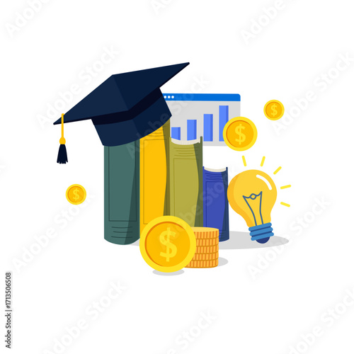 education and knowledge investment with graduation cap, books, idea light bulb, financial growth, and money coins.