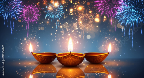 Happy Diwali celebration with bright lit diyas and sparkling fireworks in the night sky symbolizing the festival of lights and victory of good over evil.