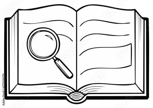 Open Book Illustration with Magnifying Glass - Education, Research, and Learning Concept.