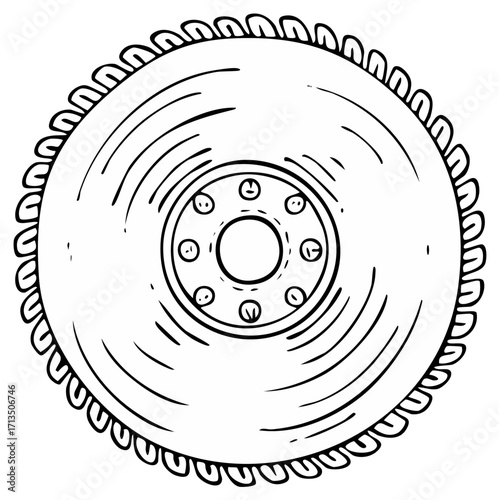 Circular Saw Blade Illustration, Sharp Toothed Tool, Outline Drawing, Hand Drawn Style, Woodwork
