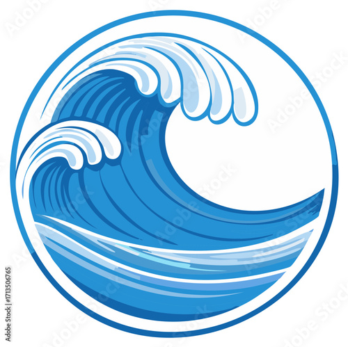 Blue ocean waves cascading inside a white circle frame creating a dynamic and serene aquatic themed emblem