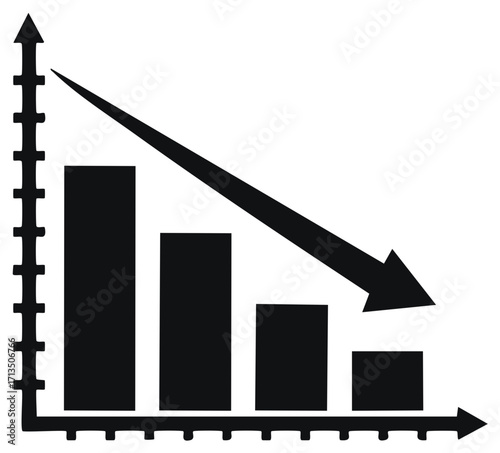 Declining bar graph with a bold arrow illustrating business decrease and a downward trend