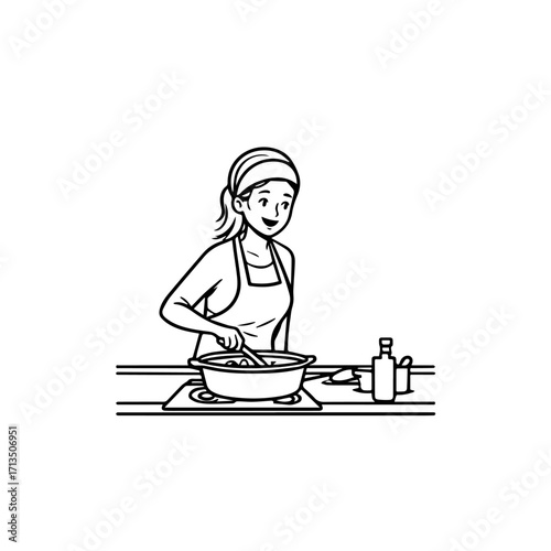 Black and White Vector Illustration of a Smiling Woman Cooking in Kitchen with Apron and Headband
