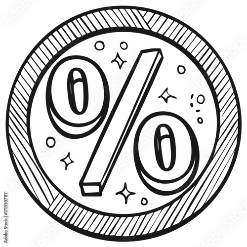 Hand drawn percentage symbol inside a coin or circle with simple star and dot accents.
