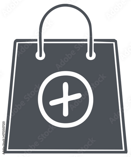 Shopping Bag with Plus Sign Logo Pictogram Concept, Commerce Delivery and Health, Medicine Symbol, Gray with White