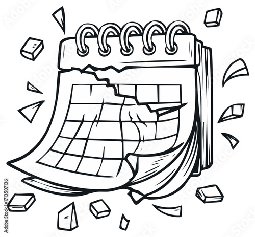 Dynamic black and white illustration of a torn and shattering calendar symbolizing chaos deadlines and broken schedules.