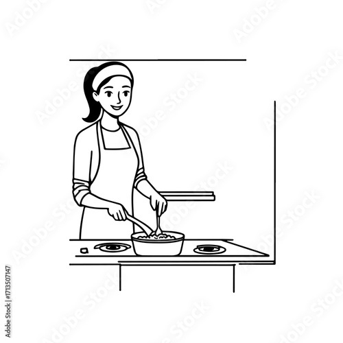Black and White Vector Illustration of a Smiling Woman Cooking in Kitchen with Apron and Headband
