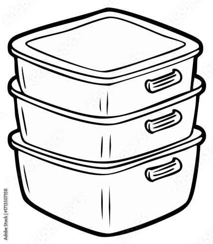 Stack of three identical white food storage containers with lids and handles