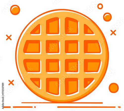 Illustration of a round waffle with orange accents and design elements, breakfast concept.