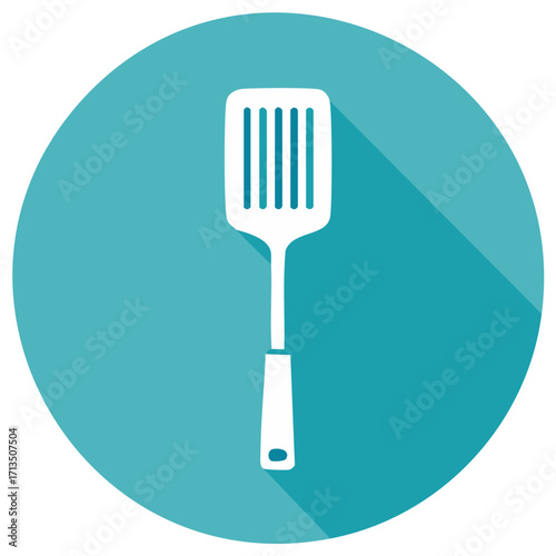Modern flat design cooking spatula icon white slotted kitchen utensil long shadow teal circle