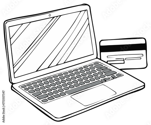 Laptop computer and credit card graphic illustration, online shopping concept.