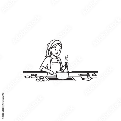Black and White Vector Illustration of a Smiling Woman Cooking in Kitchen with Apron and Headband
