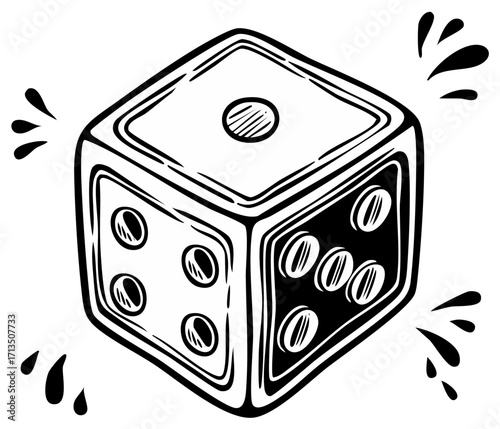Single Black and White Dice Cube with Pips for Games and Casino Luck
