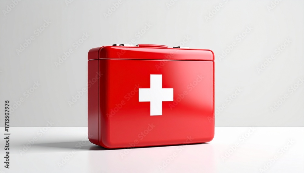 Obraz premium A bright red first aid kit with a white cross symbol sitting on a clean white surface against a light background.